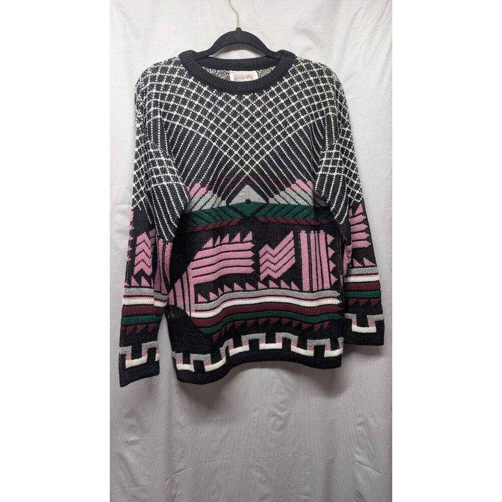 Vintage Dragonfly USA Geometric Knit Sweater Black Pink Green Women M/L